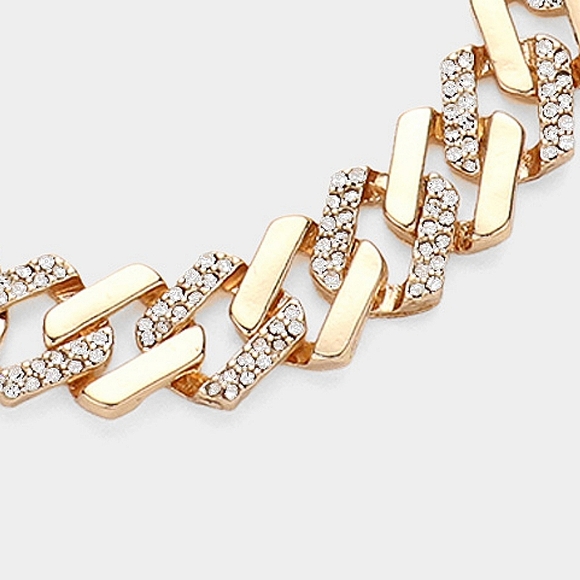 Gold Chunky Rhinestone Chain Link Bracelet Metal Thick Bold Crystal Jewelry - Picture 3 of 3